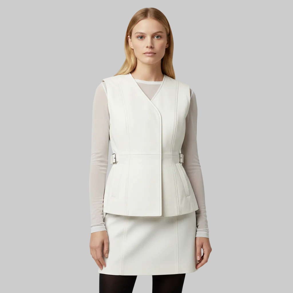 Gilet croisé en cuir vegan avec ceinture