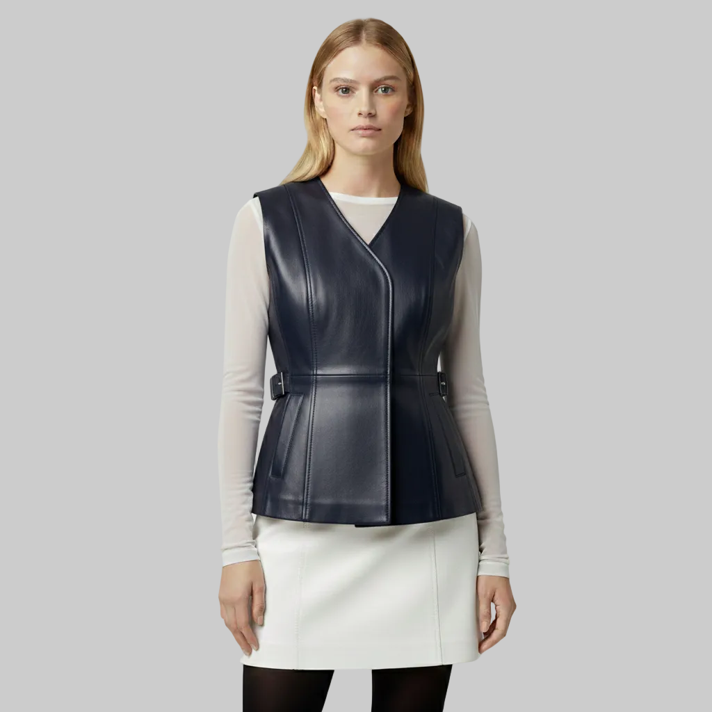 Gilet croisé en cuir vegan avec ceinture