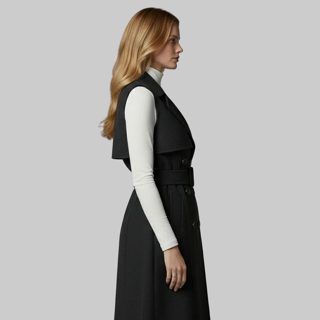 Gilet long sans manches à double boutonnage et ceinture