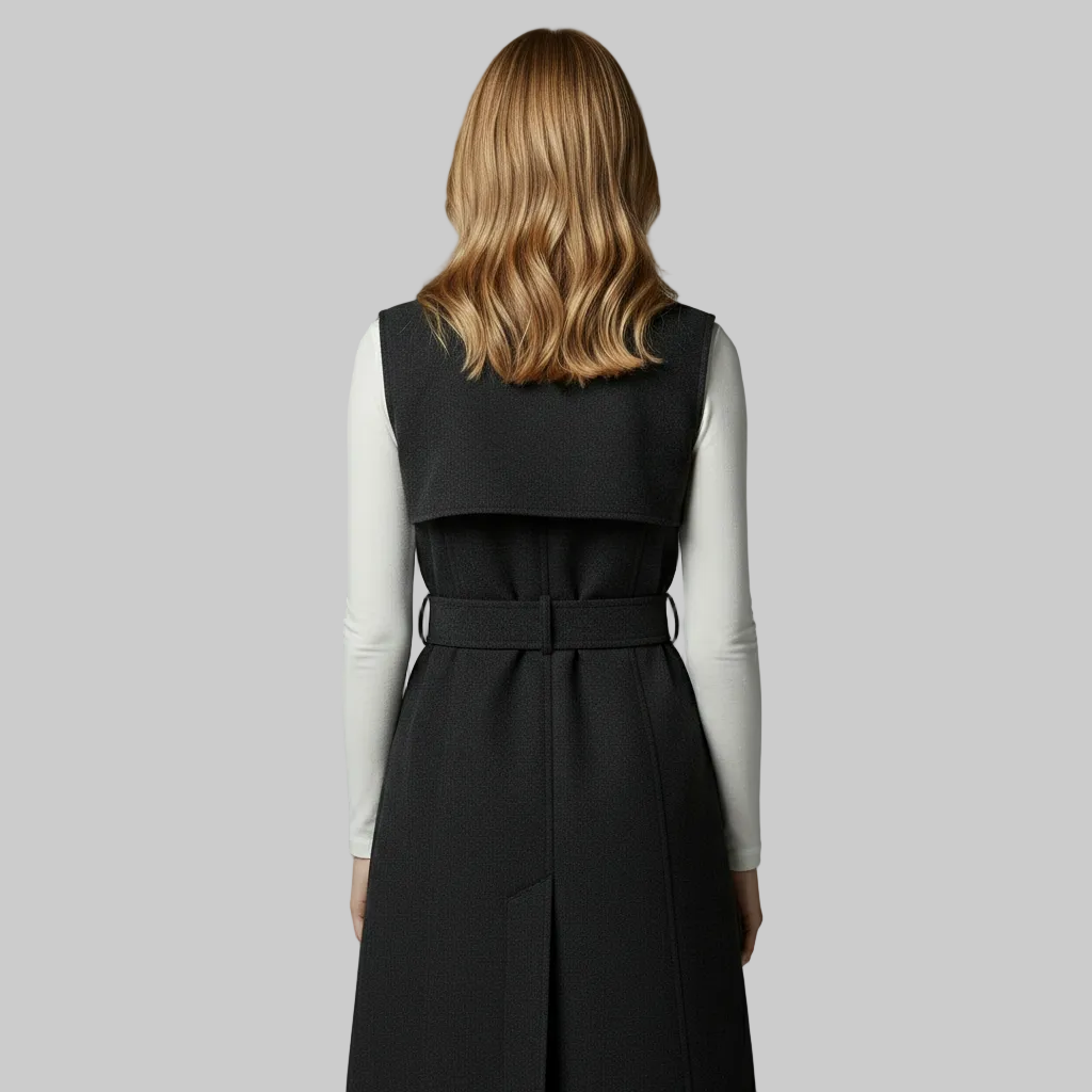 Gilet long sans manches à double boutonnage et ceinture