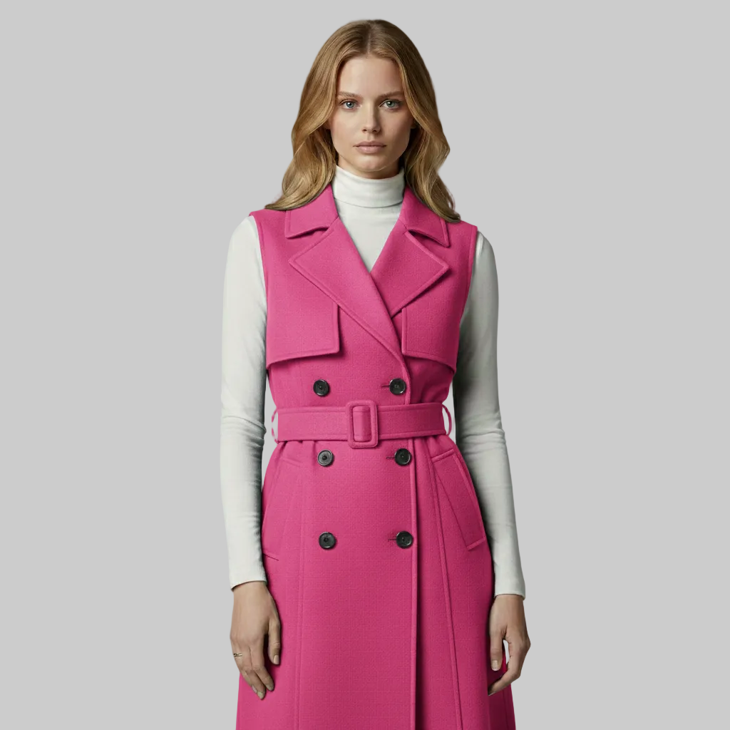 Gilet long sans manches à double boutonnage et ceinture